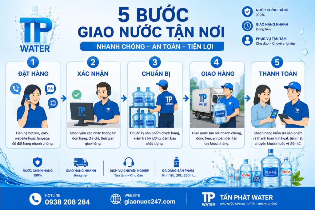 Quy trình giao nước chuyên nghiệp từ đặt hàng đến thanh toán.