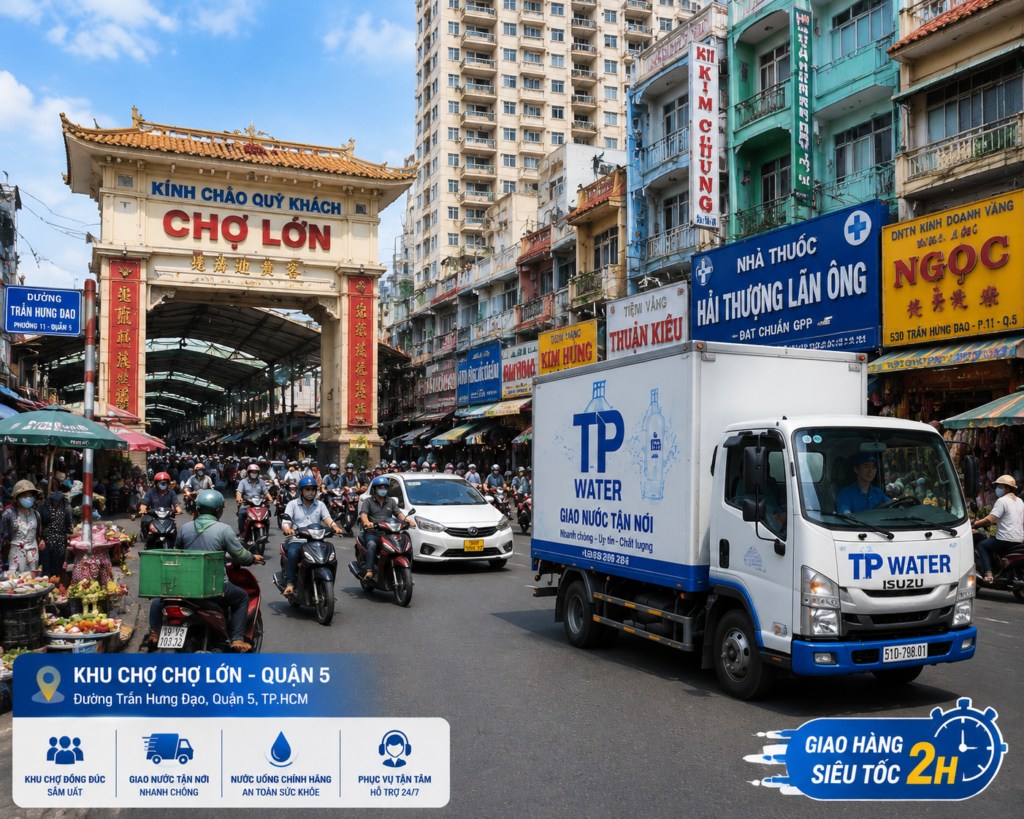 Khu vực Phường Chợ Lớn (Quận 5) nơi nhu cầu giao nước uống tận nơi ngày càng tăng cao.