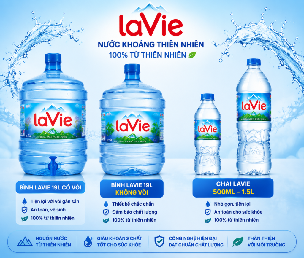 Nước Lavie 19L chính hãng – sản phẩm được sử dụng phổ biến tại gia đình và văn phòng.