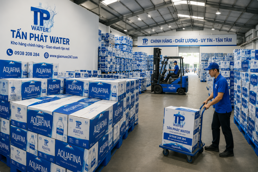 Kho nước Aquafina luôn sẵn hàng phục vụ khách hàng tại Phường Tân Mỹ.